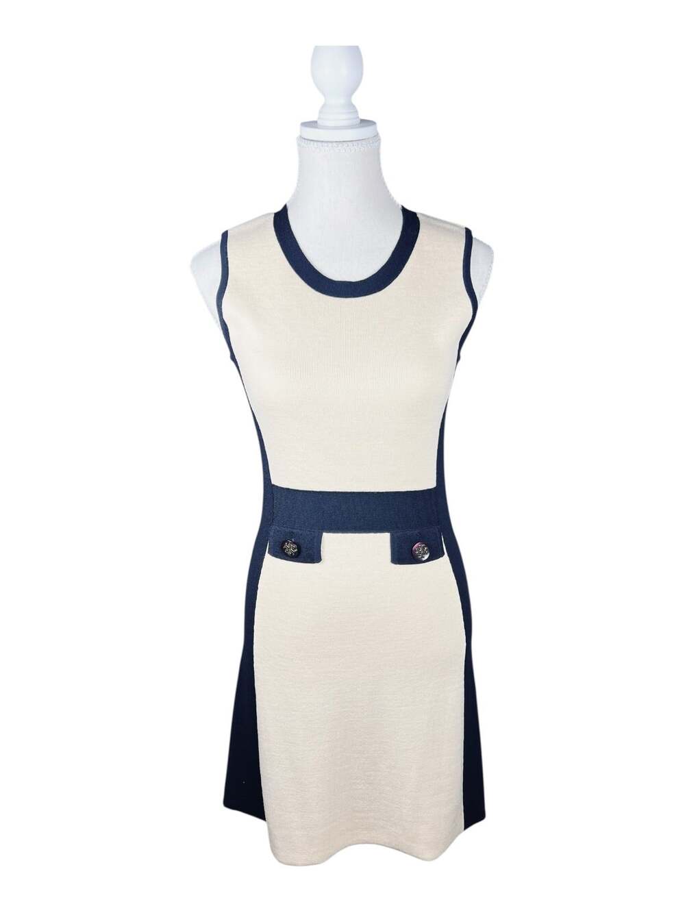 Tory Burch Cream Navy Colorblock Knit Dress Medallion Buttons Sleeveless S